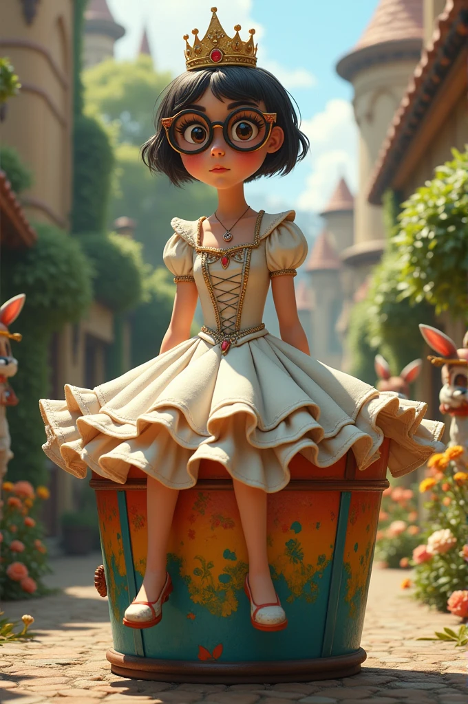 a princess pooping in a bucket with glasses and short hair