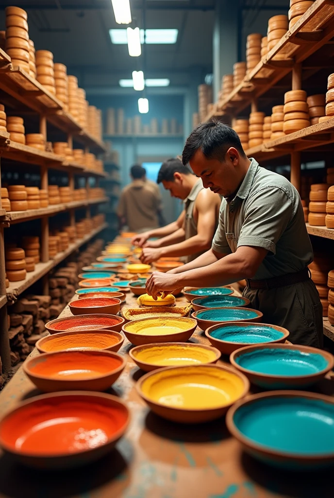 The mine is produced by mixing color pigments with clay and other binders. This mixture is molded into thin cylinders and subjected to a drying and hardening process in special ovens.