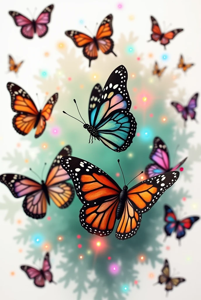 a lot of butterflies with a clearly traced pattern on their wings, flying on a pastel green background with colorful lights.