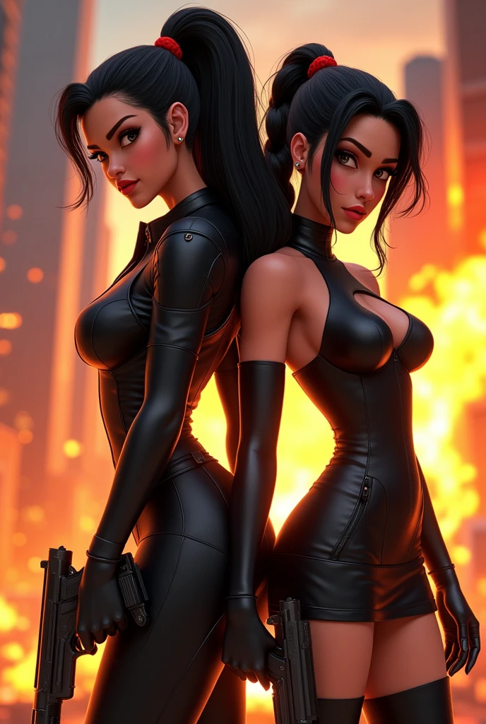 a pretty woman with long jet black hair, hairstyle in a ponytail, He has a gun in his hand, He wore a tight combat suit. At his side there was a woman with jet black hair, It is formed in a braid, She is wearing a black leather dress, with a bomb in his hand. In the background you can see a city on fire, pixar animated art