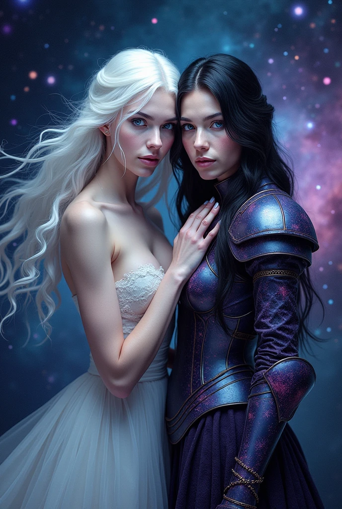 A book cover with a dramatic background in shades of black, blue and purple with various galaxies diffused in a nebula giving an air of mystery. In the front of the background is a white woman, incredibly pale, with white hair and blue eyes. She is wearing a delicate white dress with blue diamonds. She is resting her hands on her daughter's shoulders., also a woman, pale with blue eyes, but with black hair and wearing a celestial black-purple armor that looks forward with a somber and determined gaze..