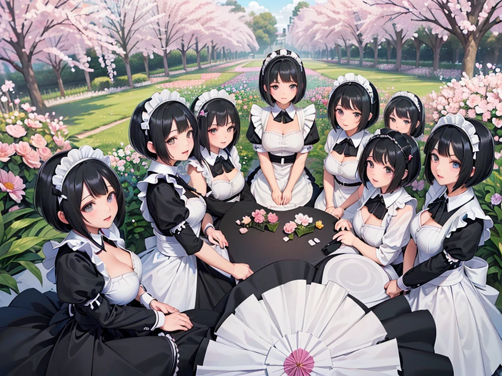 (((clone girls art))), (((Ultra HD, Highest quality, Ultra-high resolution))), (((((Maid clothes:1.8))))), Women, Small face, (((((Thick black hair, short hair:1.9))))), (Cute expression, A gentle gaze), ((smile:1.5)), (Big Breasts, Cleavage:1.5), ((Very detailed, 1girl, cloning:1.6)), (((6+girls:1.8))), (((6+girls:1.8))), (((Very detailed, Perfect same person, 100 people:1.8))), (((Western-style garden, A beautiful sight of blooming flowers))), top view, Perspective