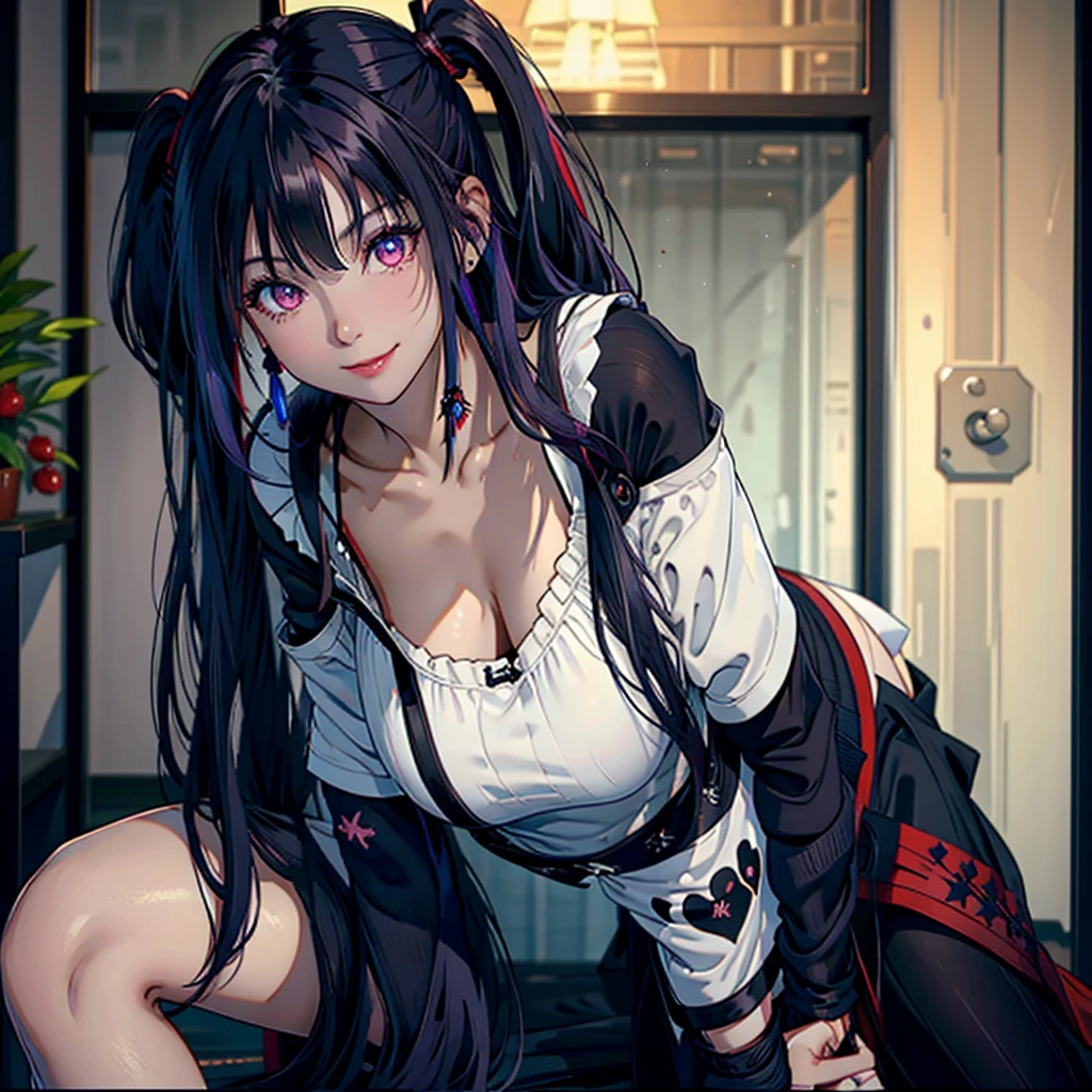 22 year old woman, long black hair with dark purple streaks and 2 pigtails, fringe, dark crimson eyes, flirtatious smile, nails painted dark purple, ((round lenses)), black overall-style skirt with a red blouse, Broad smile, bright smile, mischief on her face, HD, 4k, The best quality, artwork, cinematographic, sitting in a chair in a living room drinking tea.