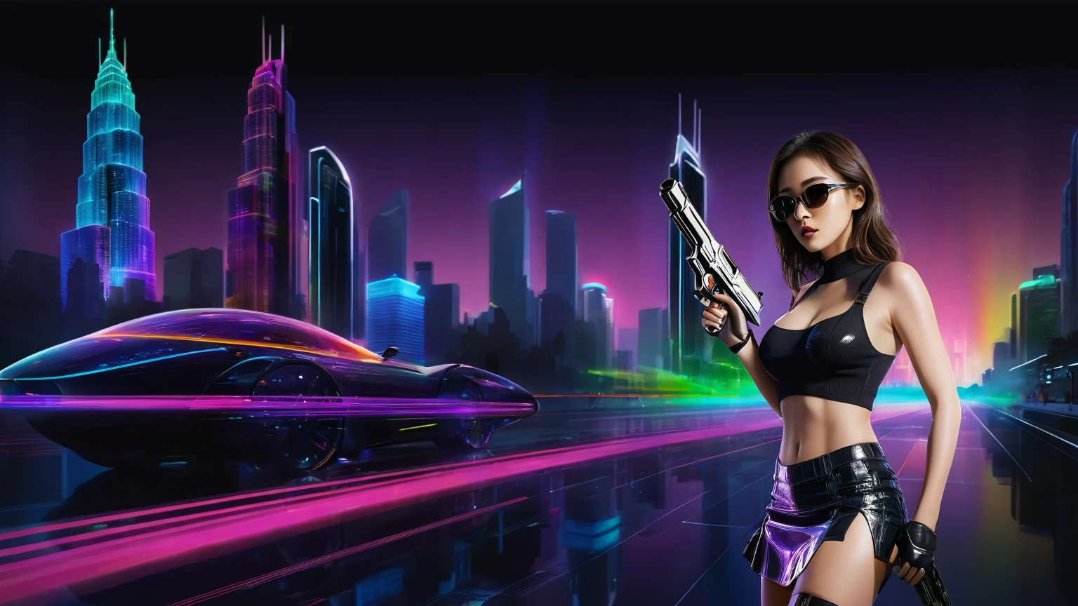 Futuristic cityscapes with colorful all-glass towering skyscrapers, sleek aerodynamic vehicles speeding through the air, rainbow colors waterfalls. High-resolution OLED GUI interfaces in the building, The windows are filled with transparent data visualization infographics that show it all, from weather patterns to traffic flow, Matrix cascading code. Colors are saturated and vibrant. At night, (1girl, solo), photo realistic, medium-breast:1.3 slim body, cleavage, sexy costume, miniskirt, (matrix style black sunglasses, holding a short gun), half-body thigh level medium shot, cinematic lighting, ray tracing.