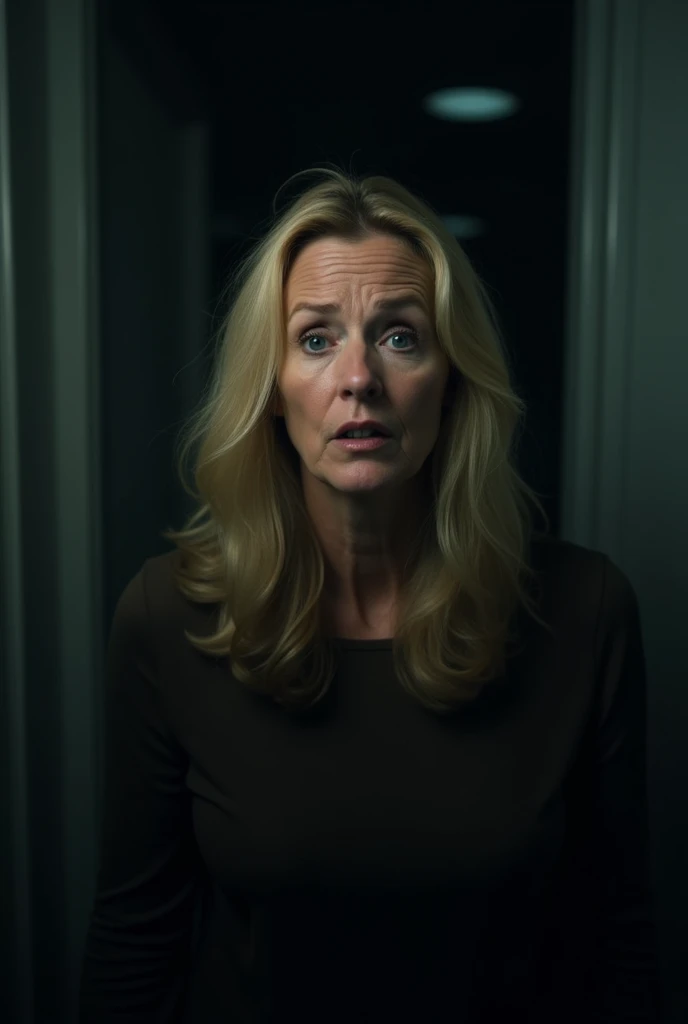 52-year-old woman, blonde, blue eyes with incredulous expression, dark atmosphere