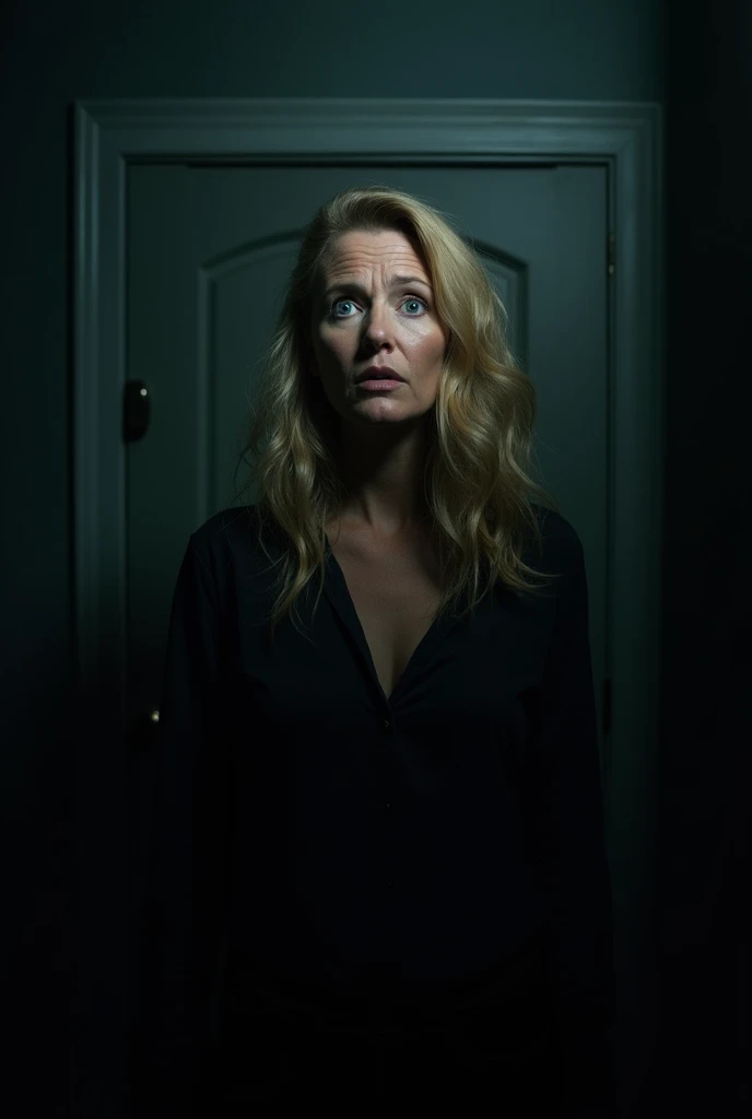 52-year-old woman, blonde, blue eyes with incredulous expression, dark atmosphere 