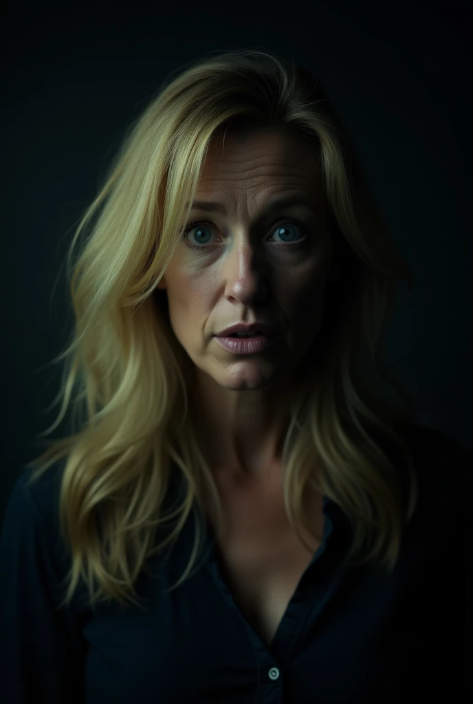 52-year-old woman, blonde, blue eyes with incredulous expression, dark atmosphere 