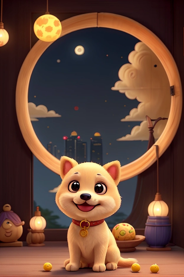 Mid-Autumn Festival，There is a big bright moon in the Hong Kong sky.，warmth，A little dog is eating a round cookie.，very happy