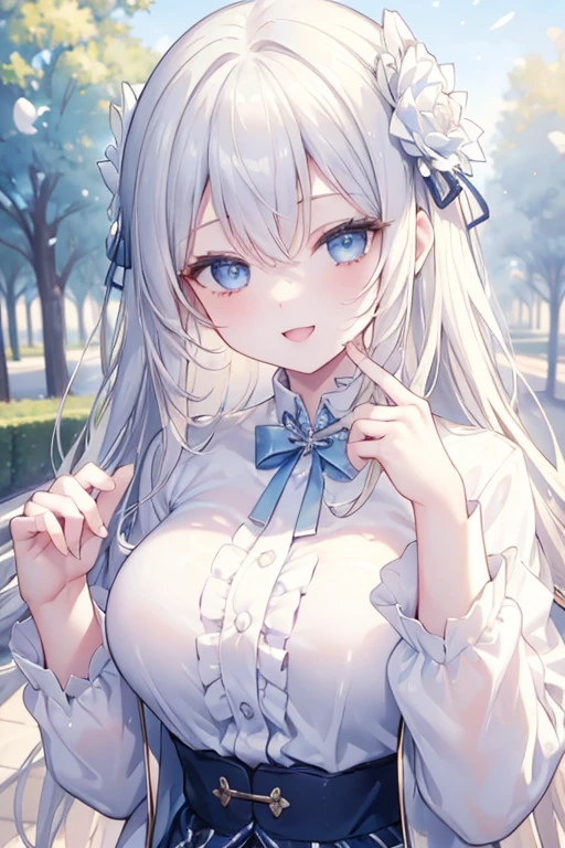 (masterpiece, best quality), intricate details,
1girl, blonde hair, blue eyes, light silver hair, white hair tips,
Big breasts, smiling, opened mouth, wear white shirt, long Sleeve shirt, blue checkered shirt, Park background