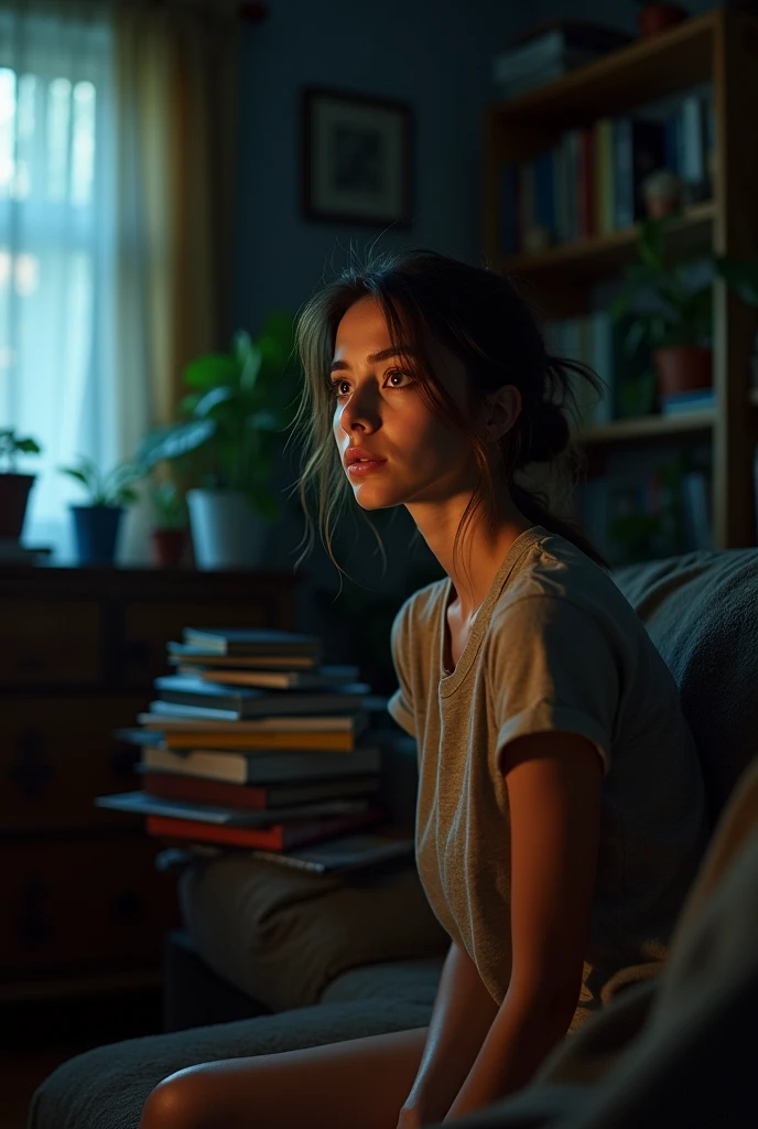 A young brunette with ear-length hair, watches the television worried about the bad news