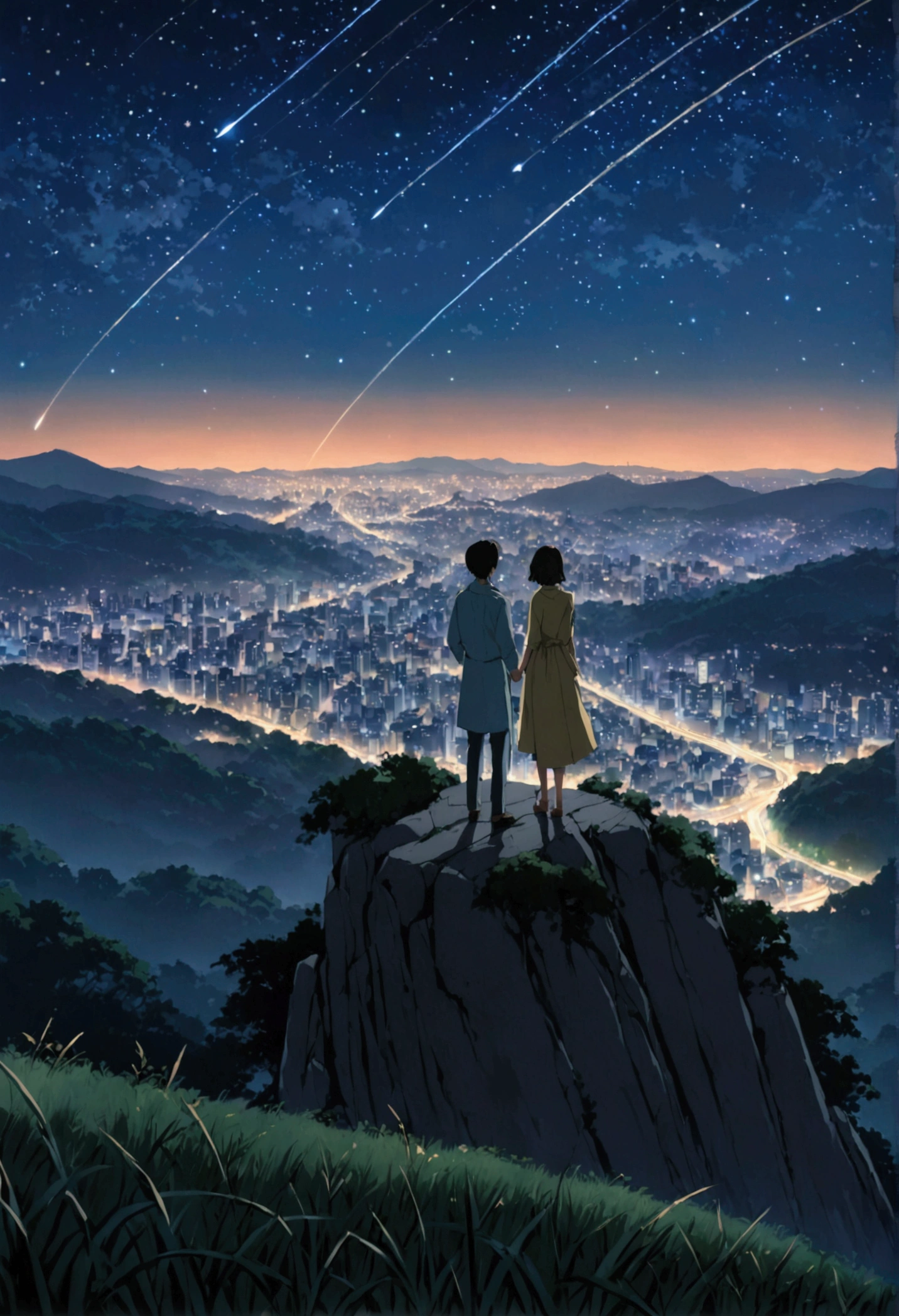 A wide-angle view captures the essence of a masterpiece, showcasing the impeccable quality and hyperrealism in the style of Makoto Shinkai. The scene depicts a breathtaking hillside where a couple's silhouettes stand, gazing at the glittering cityscape of Japan at night. The sky is adorned with a myriad of stars, and a shooting star streaks across, Illuminating the area beside the characters' faces. This magical and romantic atmosphere is further enhanced as the couple's figures blend seamlessly with the distant lights, creating a mesmerizing composition.