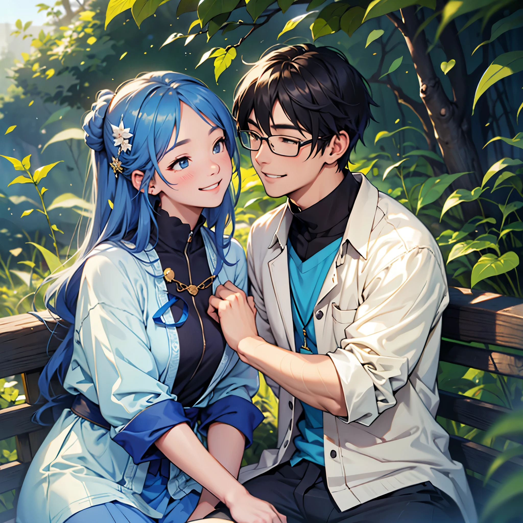 Imagine an MBTI advocate、A man and a woman in blue clothes smiling gently。In a gentle atmosphere。