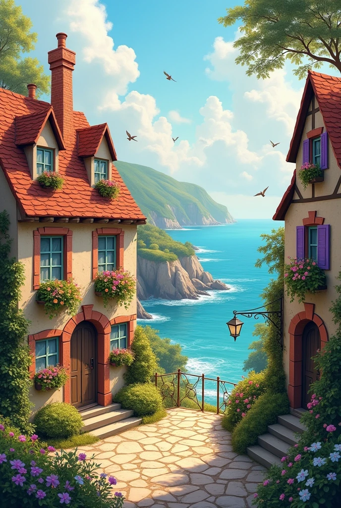 small fairytale village with brick and stone houses, looking out to sea