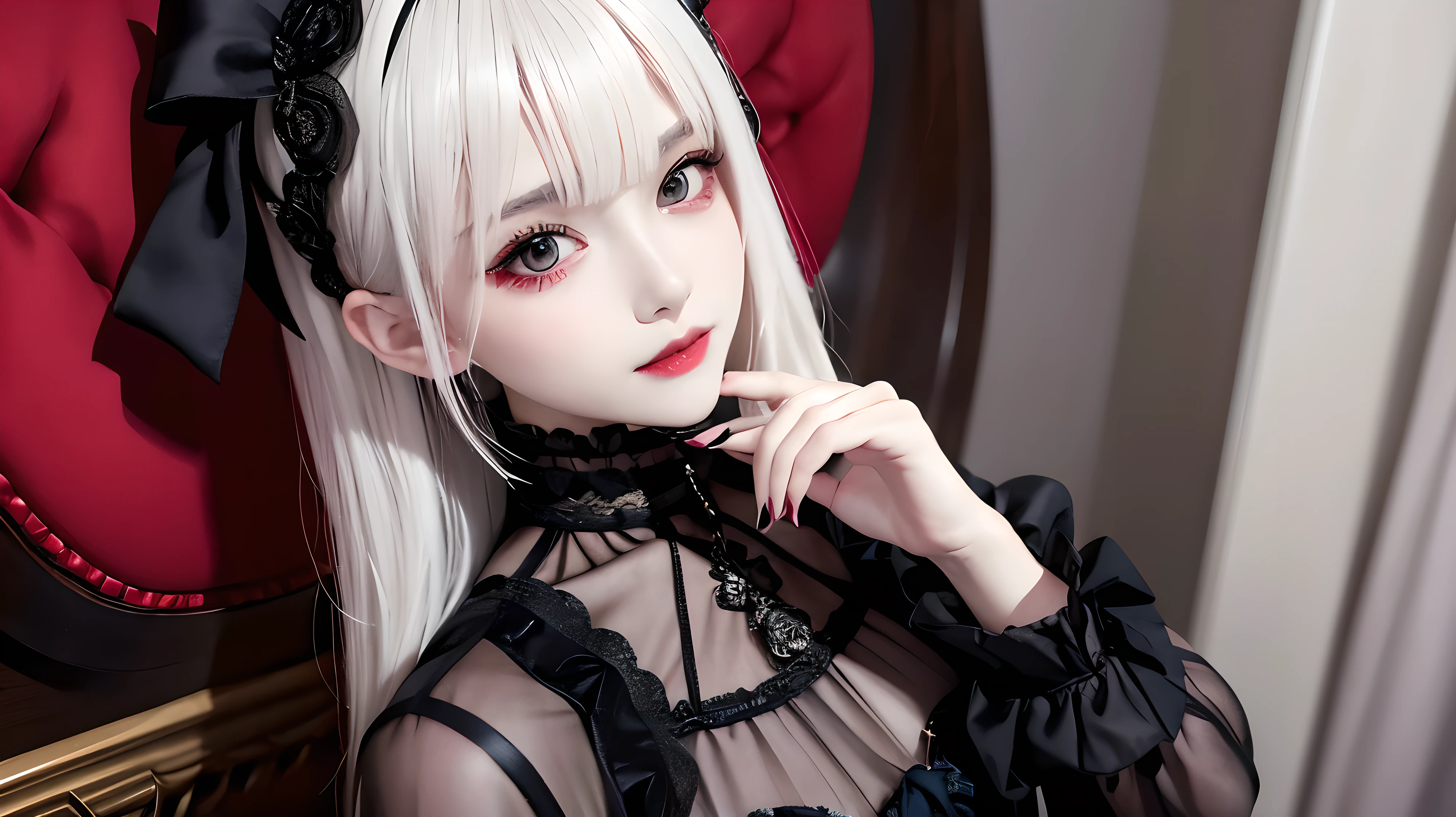Please draw a super beautiful girl with short white bob hair wearing a gothic lolita outfit.。She exudes an elegant and dark vibe.、She exudes a unique beauty in Gothic Lolita fashion.。Her white hair is tied up in a neat short bob.、It highlights her individuality and sophisticated beauty.。
Her gothic lolita outfits are dark and luxurious in design.、It brings out her elegance and mysterious charm.。Lace and ribbon、Accents such as ruffles、It is a hallmark of her Gothic Lolita style.。Her pose is graceful、It expresses her deep worldview hidden inside her.。
Her eyes shine with mystery、Combined with her charming smile、It highlights her individuality and charm.。Her smile has a unique charm、She shows her confidence and sophisticated beauty in Gothic Lolita fashion.。Her appearance is美しく、Her presence stands out in the world of Gothic Lolita.。
This super beautiful girl with white short bob hair and gothic lolita style is、It has a unique charm and sophisticated beauty.。Her appearance is、Her presence and charm in the world of Gothic Lolita fashion are fused together.、It's a fascinating and mysterious sight.。