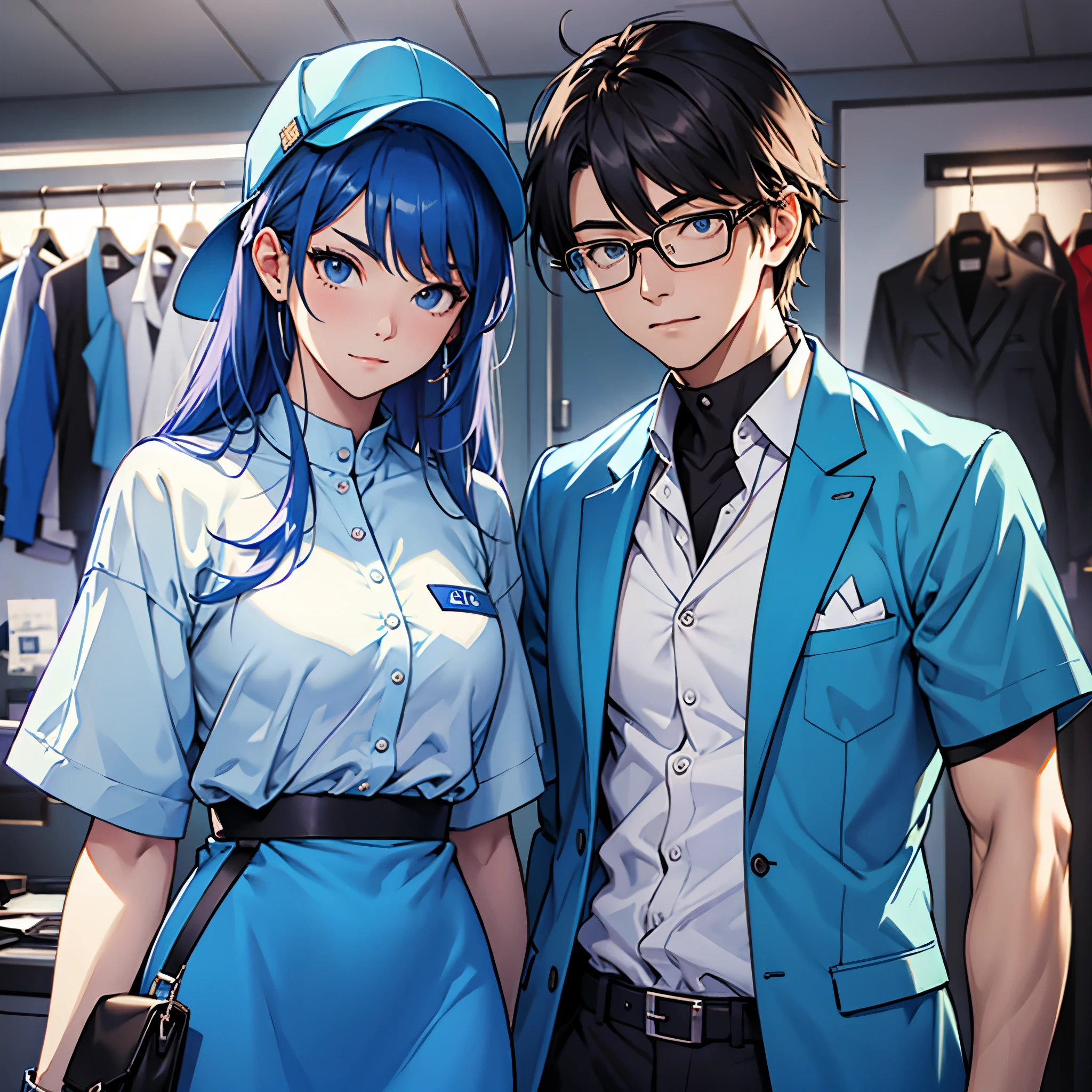 Imagine an MBTI advocate、A man and a woman in blue outfits looking cool at the camera。