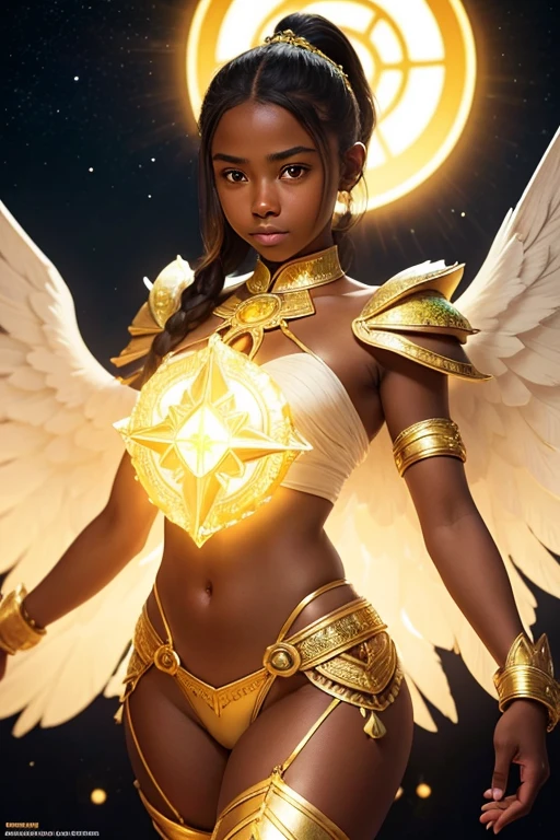 A young 15- yr old native European girl with lovely charminvg face,(dark skin texture masterpiece), (perfect full body detailed anatomy), (Super accessories detailed), (meditating ), (perfect detailed glowing bright eyes),(short ponytail illuminating yellow green crystalized hair)，Wearing transparent costume of an angel，holding a treasure septer & shield, illuminating different lights covers the sorrounding atmosphere Has beautiful large white wings, The character solemnly praying 