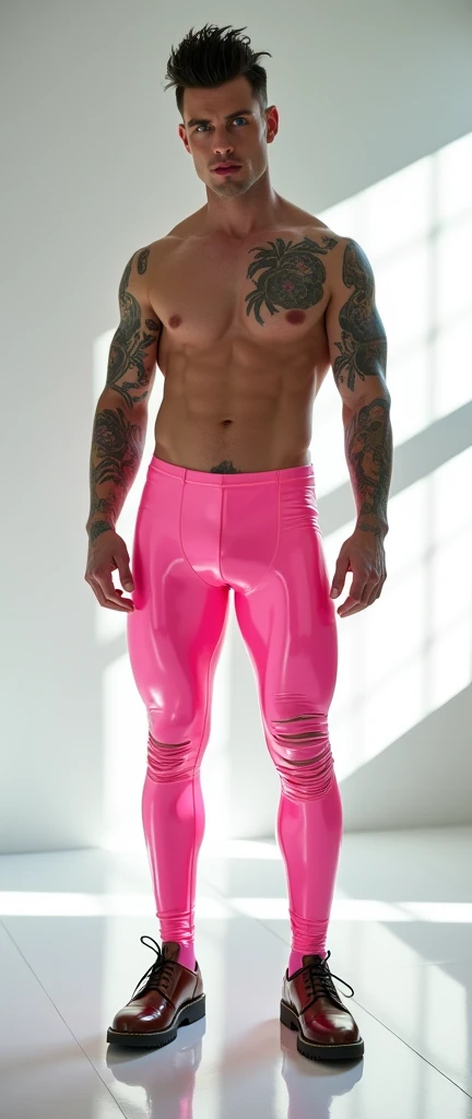 Fullbody standing picture of white Handsome muscular nude horny sexy gay man wearing skinny tight shiny pink latex ripped tights, shiny black Disconnected Pompadour oiled hair style, blue eyes, shiny varnished brown shoes, brown belt, red lip, six pack, chain, tattoos, horny, cum shot, sperm, milking penis, very big penis, very big testicle, shiny oiled skin, orgasm, oversexed, masturbation, standing at white lighting show room.