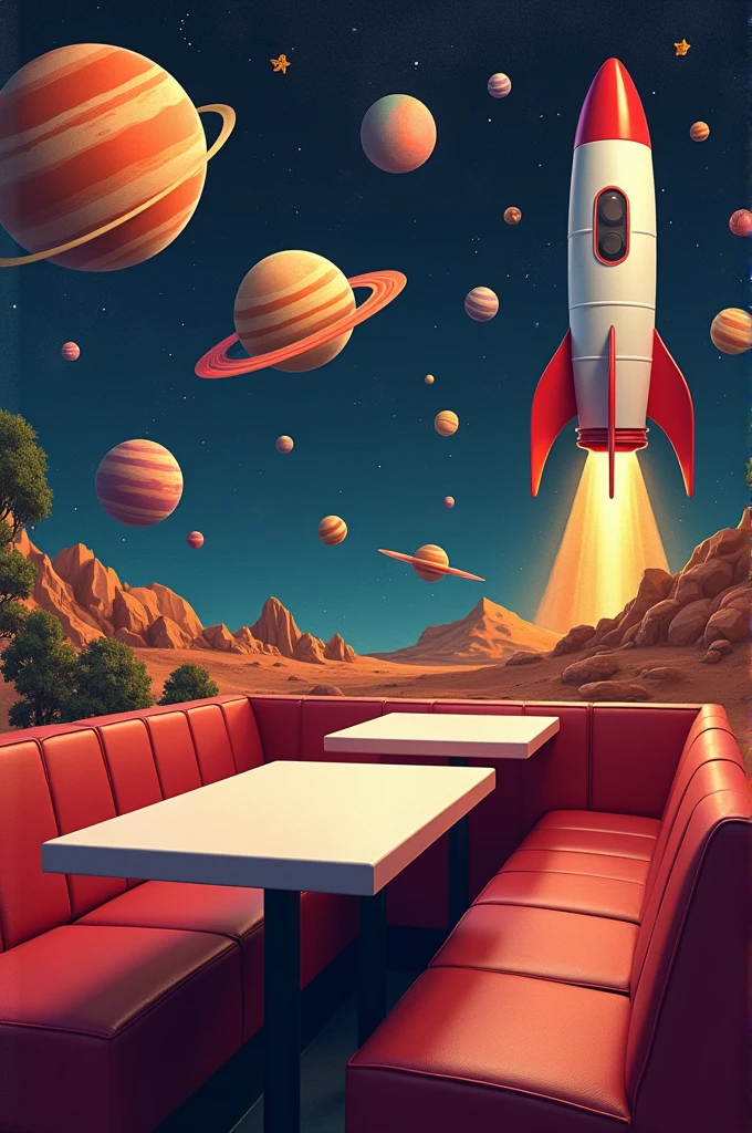 Fast food where the walls have planets and stars, put tables inside rockets 