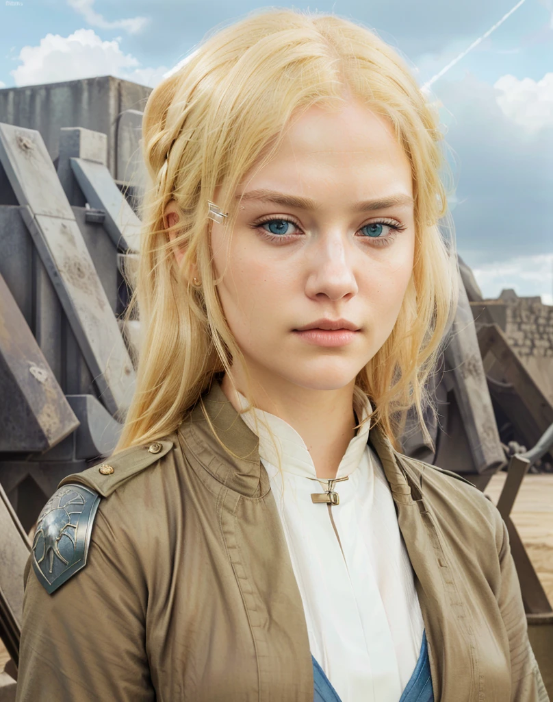 Realistic beautiful woman with blonde hair and blue eyes, sweet face, ultra realistic, serious expression, military uniform, Best Quality, Game of Thrones female character, beauty, Realistic lighting, Attack on Titan, Historia Reiss