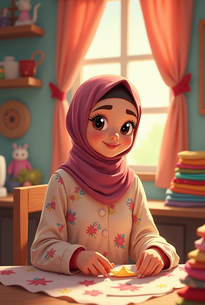 A hijab girl, sit, eating, table, smile, Watercolor, full body view, perfect quality, (masterpiece: 1.2) (Bokeh background) (Best quality) (Detailed Skin: 1.3) (Intricate Details) (8K) (Detail Eyes) (Sharp Focus), (Happy), best lighting