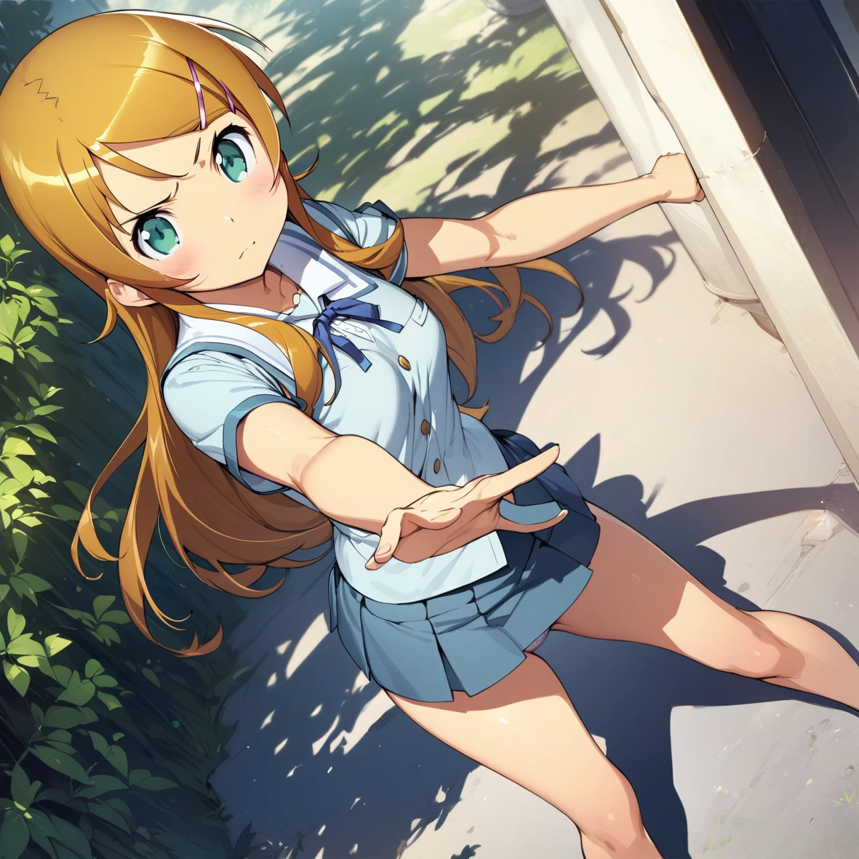 (masterpiece),(Highest quality),(Very detailed),(Best illustrations),(Best Shadow),(Natural background),(so beautiful), kirino kousaka, Blonde, Long Hair, Hair Clip, Green Eyes, bangs, Schoolgirl uniform, whole body,Showing off,White panties,Short skirt、Detailed panties,Front Angle, 
