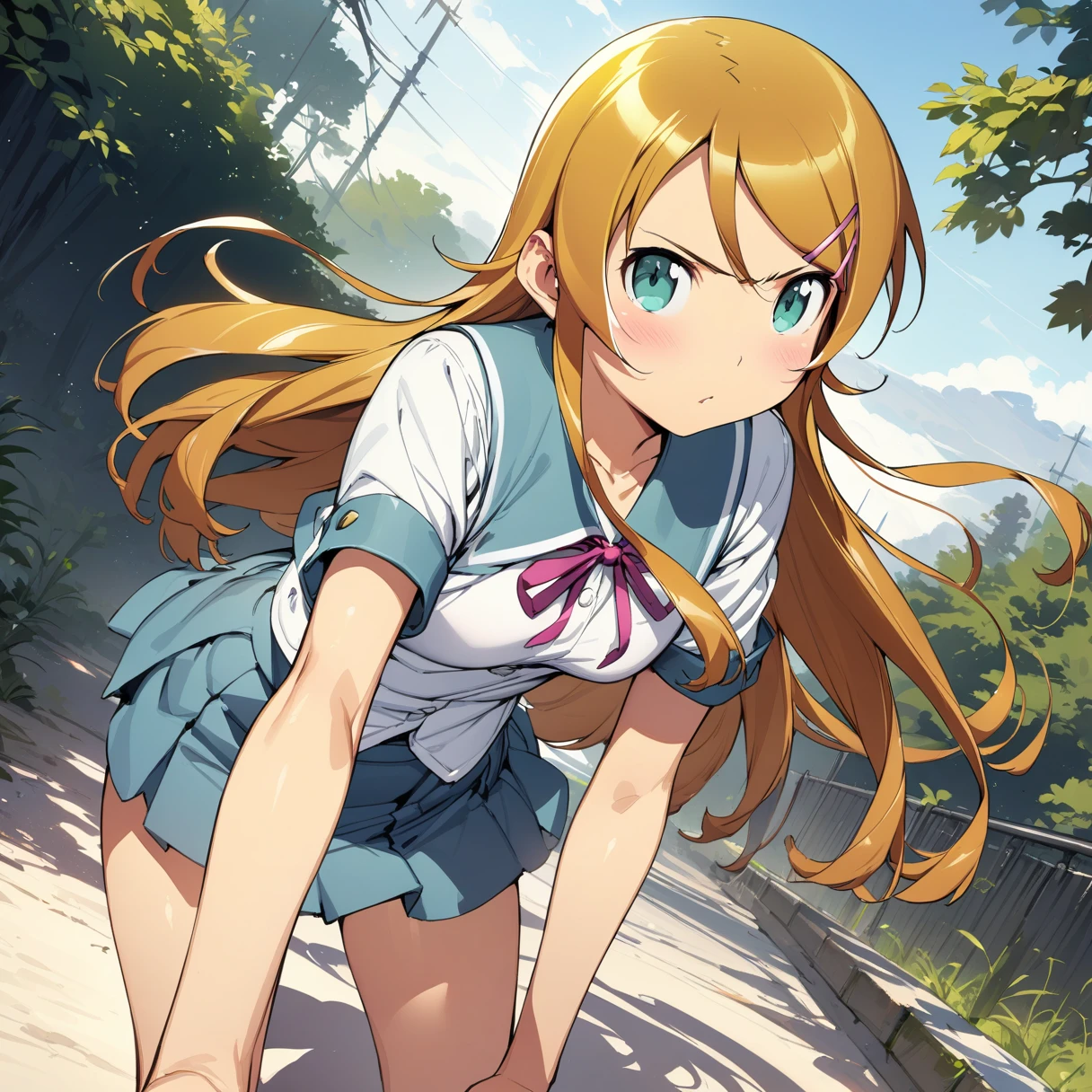 (masterpiece),(Highest quality),(Very detailed),(Best illustrations),(Best Shadow),(Natural background),(so beautiful), kirino kousaka, Blonde, Long Hair, Hair Clip, Green Eyes, bangs, Schoolgirl uniform, whole body,Showing off,White panties,Short skirt、Detailed panties,Front Angle, 
