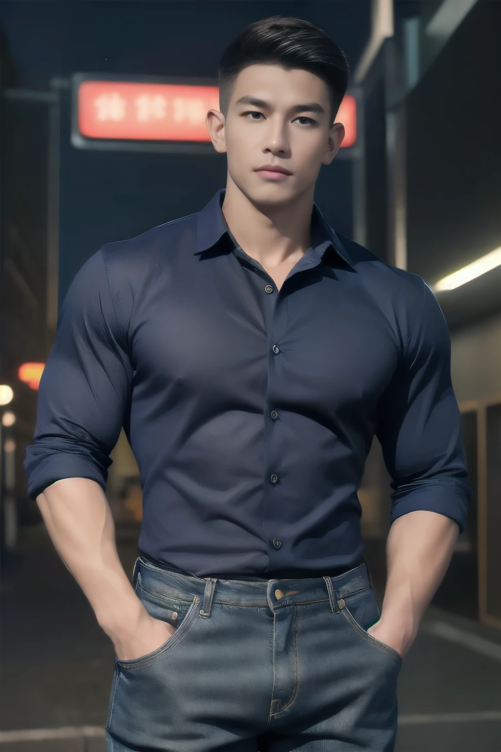 (armface:1.3) , Handsome young man standing, (have a mustache:0.8) , (short hair:1.2), The forearms are muscular., (Collared shirt with buttons:1.2), (Navy blue shirt:1.2),Jeans, Big muscles, Handsome and muscular, full body angle, (In front of the department store:1.1), , (nighttime:1.3), Neon lights