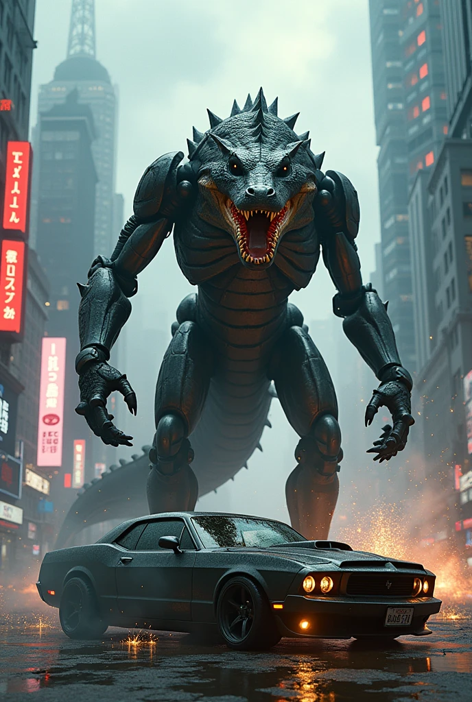 a monstrous creature, half robot half alligator destroying a car in a futuristic city 