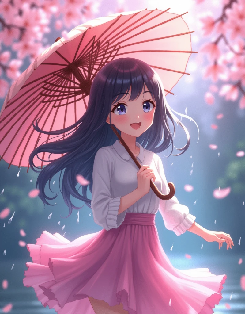 A cute anime girl, hyper detailed anime girl dancing in the rain, happy, beautiful detailed eyes, beautiful detailed lips, extremely detailed face and features, long eyelashes, dynamic pose, rain droplets, umbrella, cherry blossoms, soft lighting, pastel colors, cinematic, vibrant, ethereal, dreamlike