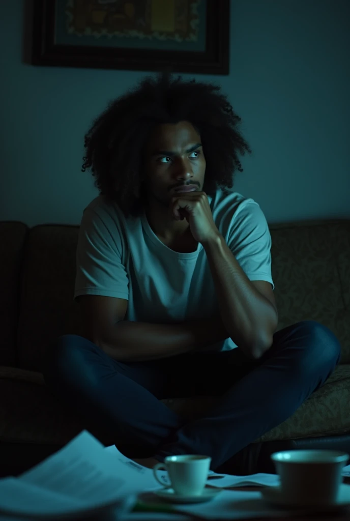 A young brown-skinned man with hair down to his ears, watches the television worried about the bad news