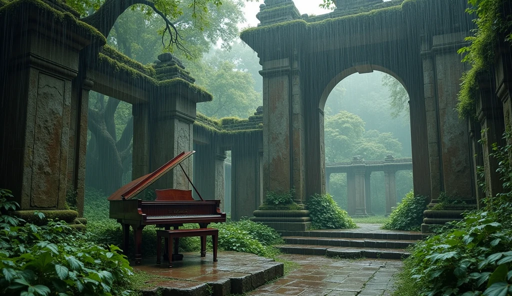 In the serene remains of an ancient temple, nestled deep in a misty forest, a gentle rain falls softly from an overcast sky. The rain patters delicately on the weathered stone ruins, adding a soothing rhythm to the tranquil scene. The temple's crumbling pillars and ornate carvings are partially covered in lush, green moss, creating a peaceful, natural setting. A grand piano, polished and slightly weathered, is placed in a sheltered alcove of the temple, its surface glistening with raindrops. The piano's soft, melodic music plays gently, blending seamlessly with the sound of the rain. The music is calming and harmonious, perfect for relaxation, study, or sleep. The combined sounds of the piano and rain create a peaceful ambiance, enhancing the ancient temple's timeless and meditative atmosphere. The light mist drifting through the ruins and the muted colors of the overcast sky add to the overall sense of calm and serenity