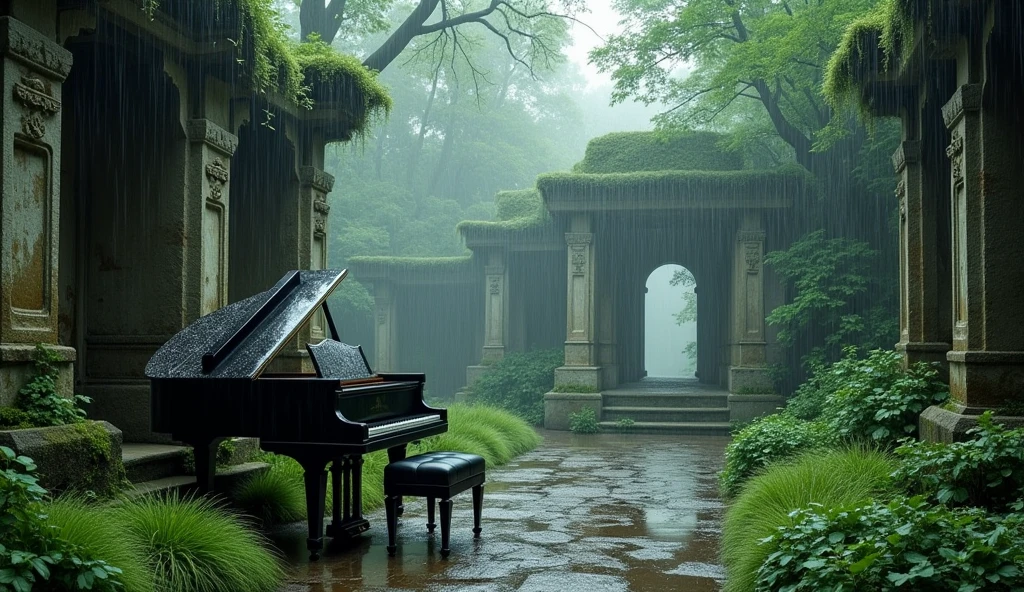 In the serene remains of an ancient temple, nestled deep in a misty forest, a gentle rain falls softly from an overcast sky. The rain patters delicately on the weathered stone ruins, adding a soothing rhythm to the tranquil scene. The temple's crumbling pillars and ornate carvings are partially covered in lush, green moss, creating a peaceful, natural setting. A grand piano, polished and slightly weathered, is placed in a sheltered alcove of the temple, its surface glistening with raindrops. The piano's soft, melodic music plays gently, blending seamlessly with the sound of the rain. The music is calming and harmonious, perfect for relaxation, study, or sleep. The combined sounds of the piano and rain create a peaceful ambiance, enhancing the ancient temple's timeless and meditative atmosphere. The light mist drifting through the ruins and the muted colors of the overcast sky add to the overall sense of calm and serenity