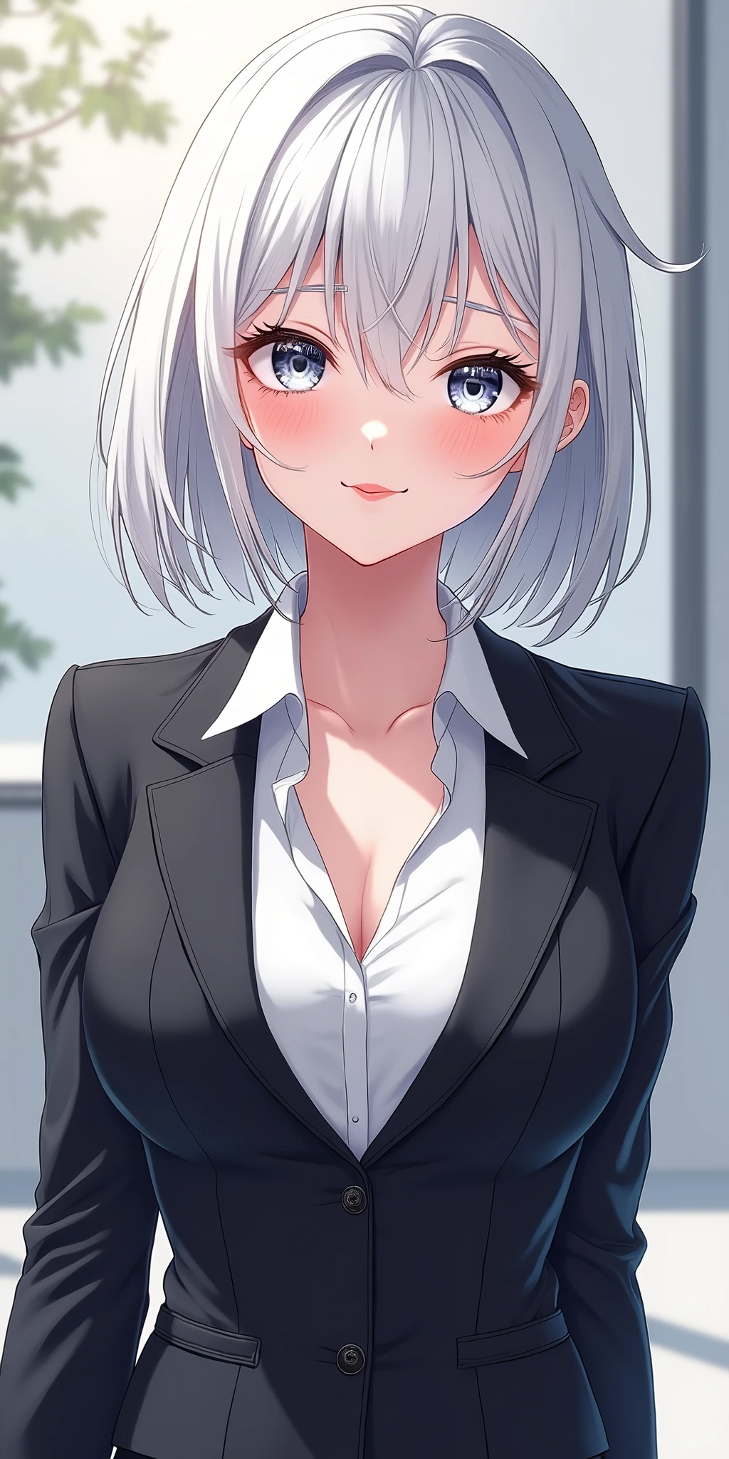 (best quality, ultra-detailed, photorealistic: 1.39), bright and vibrant colors, studio lighting, romantic expression, An effeminate girl, with a delicate and beautiful face. She is a girl who reflects seductive beauty, sparkling silver eyes, extremely beautiful woman, beautiful smile, perfect pink lips, a modern woman with white hair, bob, sidercute, business woman, female business suit with pencil skirt, office, she has a curvy body, seduction, she has big breasts, cleavage, beautiful smile, perfect red lips, she is in love, anime style, Anime