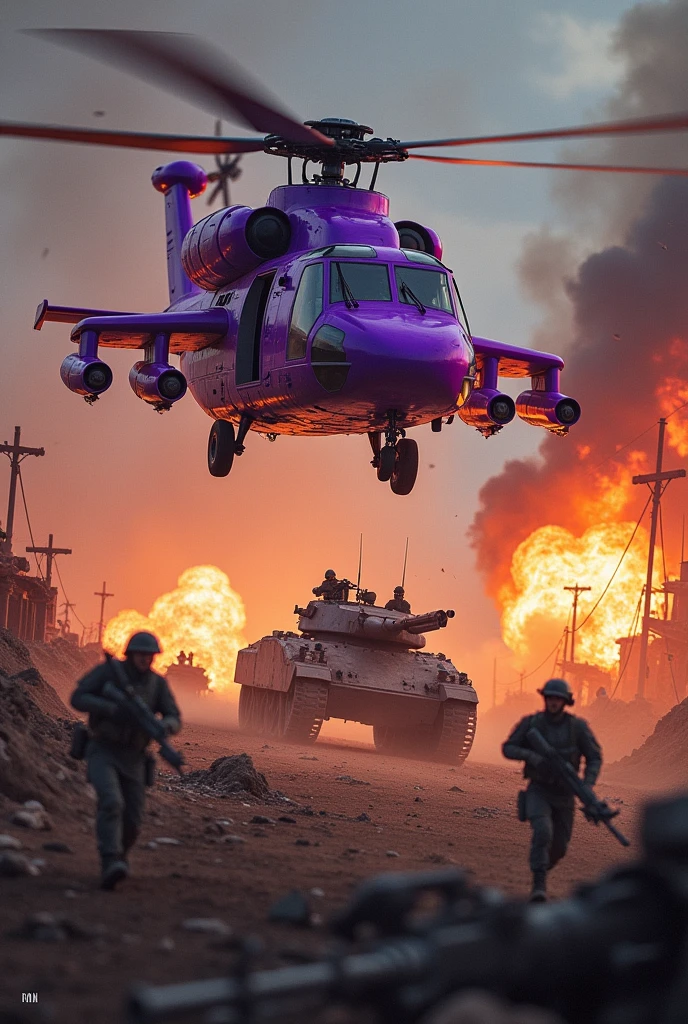 Purple helicopter shooting at tank, soldiers got bombard, battlefield backgrond, fire everywhere