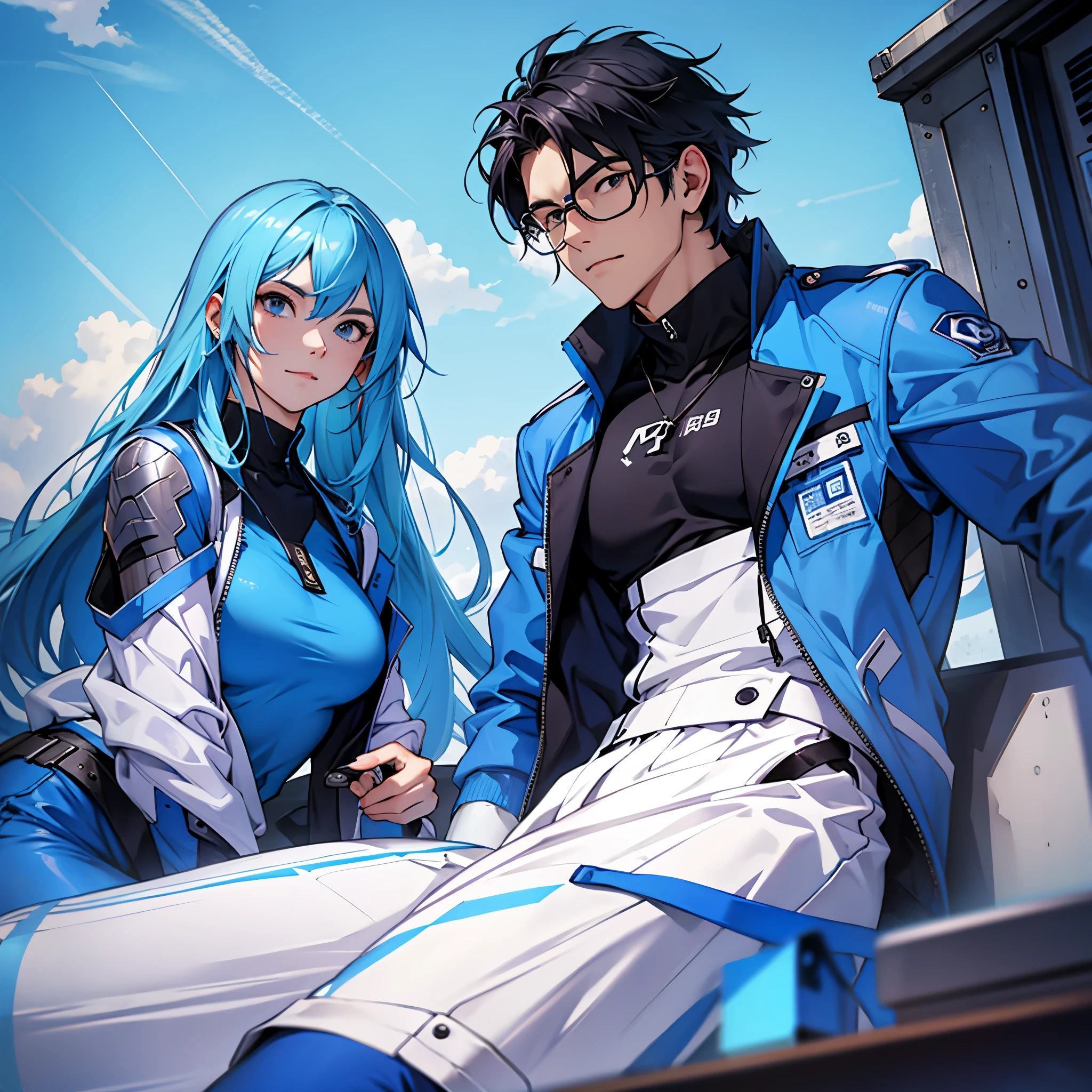 Imagine an MBTI advocate、A man and a woman in blue outfits looking cool at the camera。