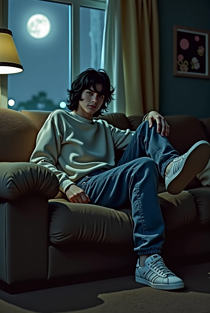 (photorealism:1.2), tall men, medium hair bad boy, 19 year old still young sitting on a couch, wearing jeans with tennis samba and a sweatshirt, pale skin, black hair handsome male, night background in the living room at 3 am