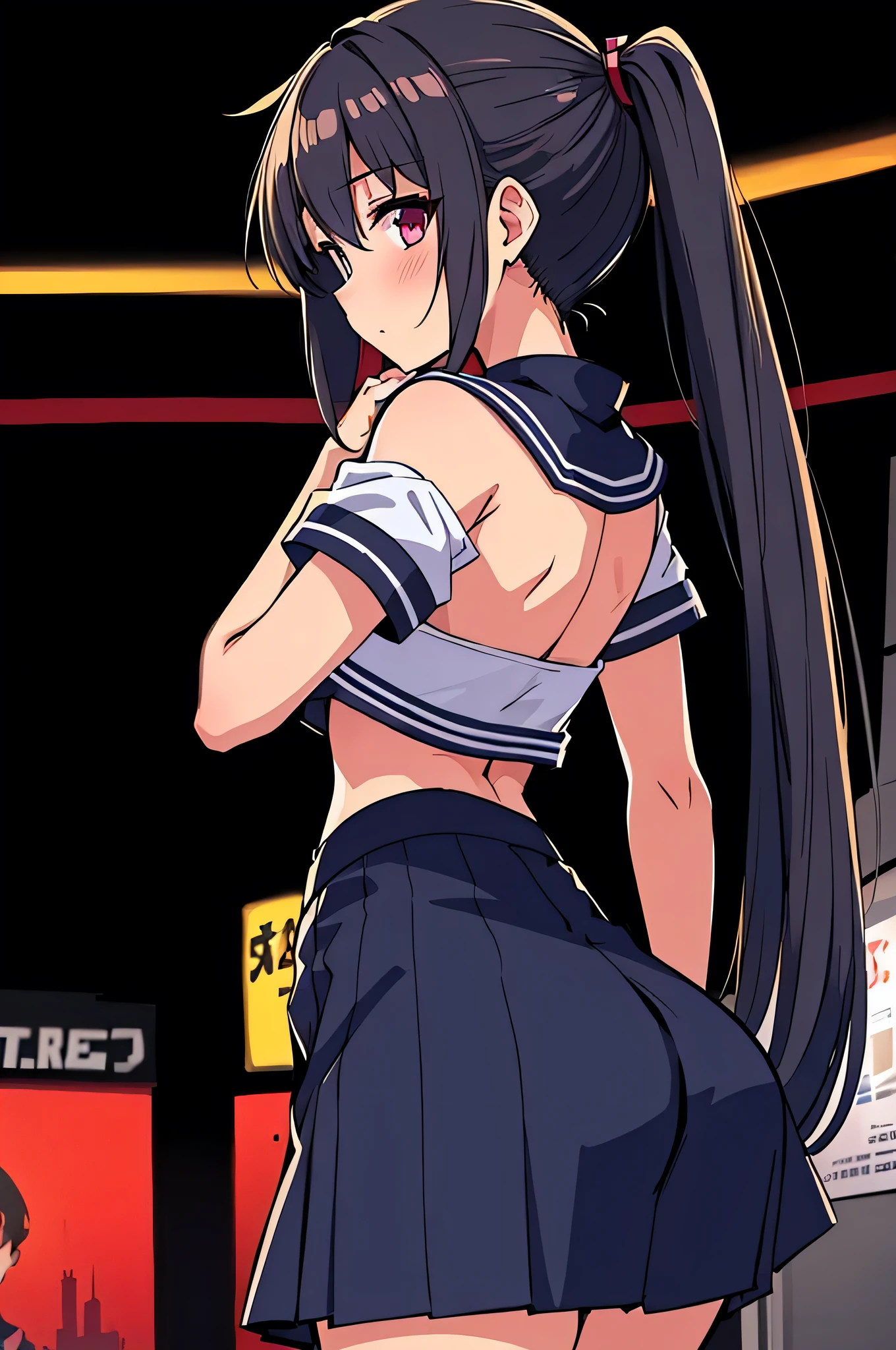 masterpiece, best quality, HuTaoV4, 1girl view, solo, blush, twintails, long hair, hair between eyes, ((streetwear clothes)), city, outdoors, night, movie poster, extremely detailed, smooth, high resolution, ultra quality, cinematic lighting, ambient occlusion, all intricate details, anime, detailed faces, perfect composition, wide shot, atmospheric lighting, very sexy, lift skirt, random low back angle, 