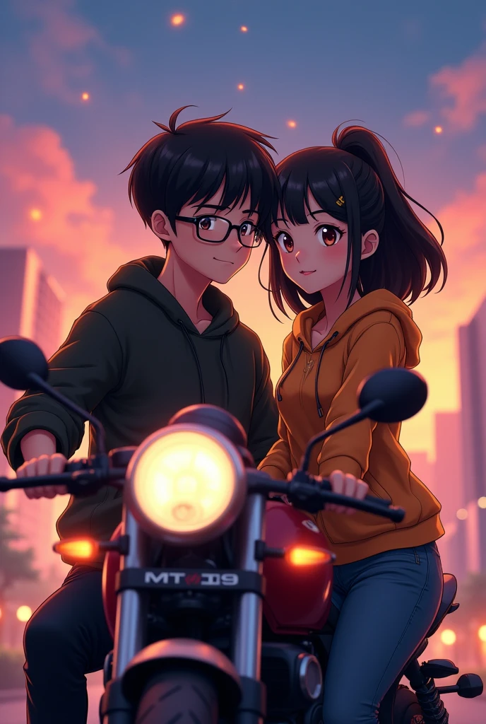 Animated image of a young couple, man with straight black hair, strong arms, Brown eyes, with stylish glasses, Beautiful and stunning short woman on a MT 09 motorcycle