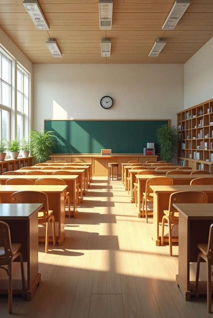 create a floor plan image of an empty university classroom, without students, com mesas, cadeiras, a blackboard, teacher's desk, some cabinets in the back, a door and windows on opposite sides