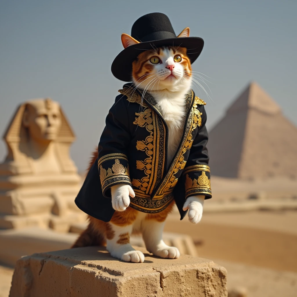 A cat dressed like Michael Jackson's Billie Jean,、A cat standing upright on two legs like a human。The cat is facing forward。wearing a hat.
Location: On top of the Sphinx、Two hands、2 legs