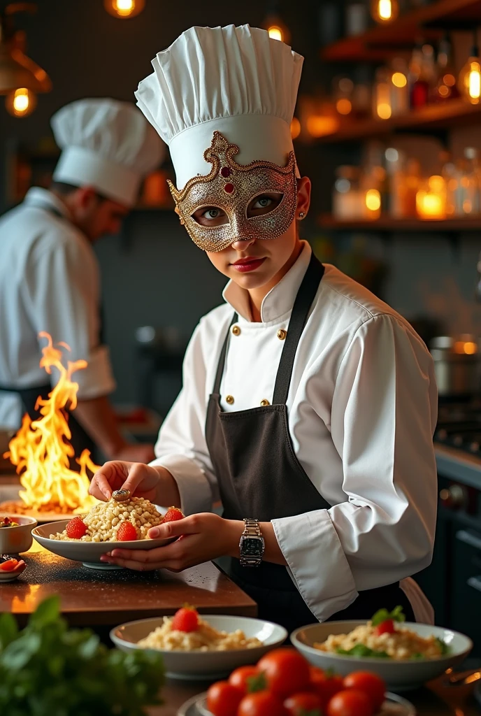 Create a character of a chef with a mask that covers the entire face, make it a beautiful and elegant mask, add a unique touch.