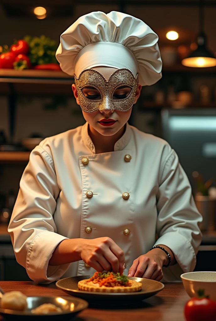 Create a character of a chef with a mask that covers the entire face, make it a beautiful and elegant mask, add a unique touch.