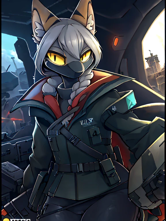 женщина anthro furry tiger ,absurdity, a high resolution, ultra detailed,
1 girl,oversized hooded jacket,whole body,
 original character,girl,gray hair,yellow eyes,shoulder-length hair, complex black mask, military general, {Best quality}}, {{masterpiece}}, {{ultra detailed}}, {illustration}, {detailed light},
Nuclear fusion