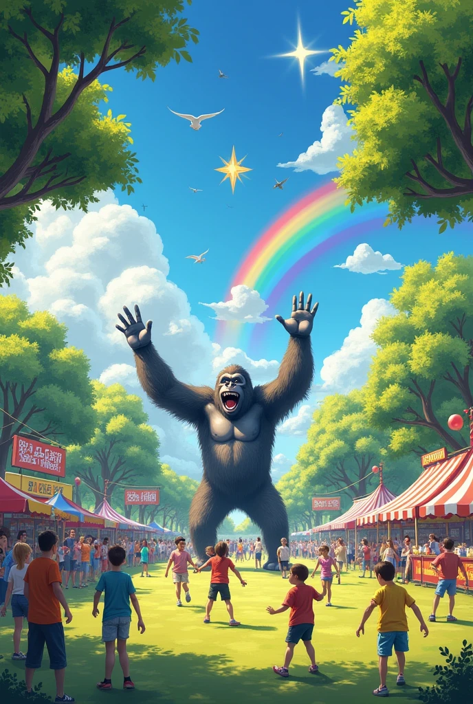 Children playing in the park, playing football, jumping rope, with balloon and popcorn vendors, trees with birds, signs and billboards, blue sky, rainbows, and a giant happy gorilla pointing to a star in the sky, emerging from behind the clouds
