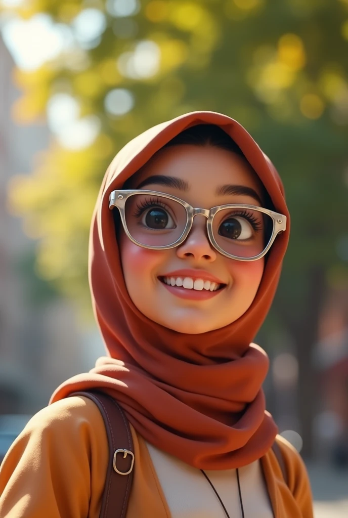 A girl with dark brown eyes, with hijab, thick lips, high, thin and with a happy expression, put on silver oakley glasses,3d render