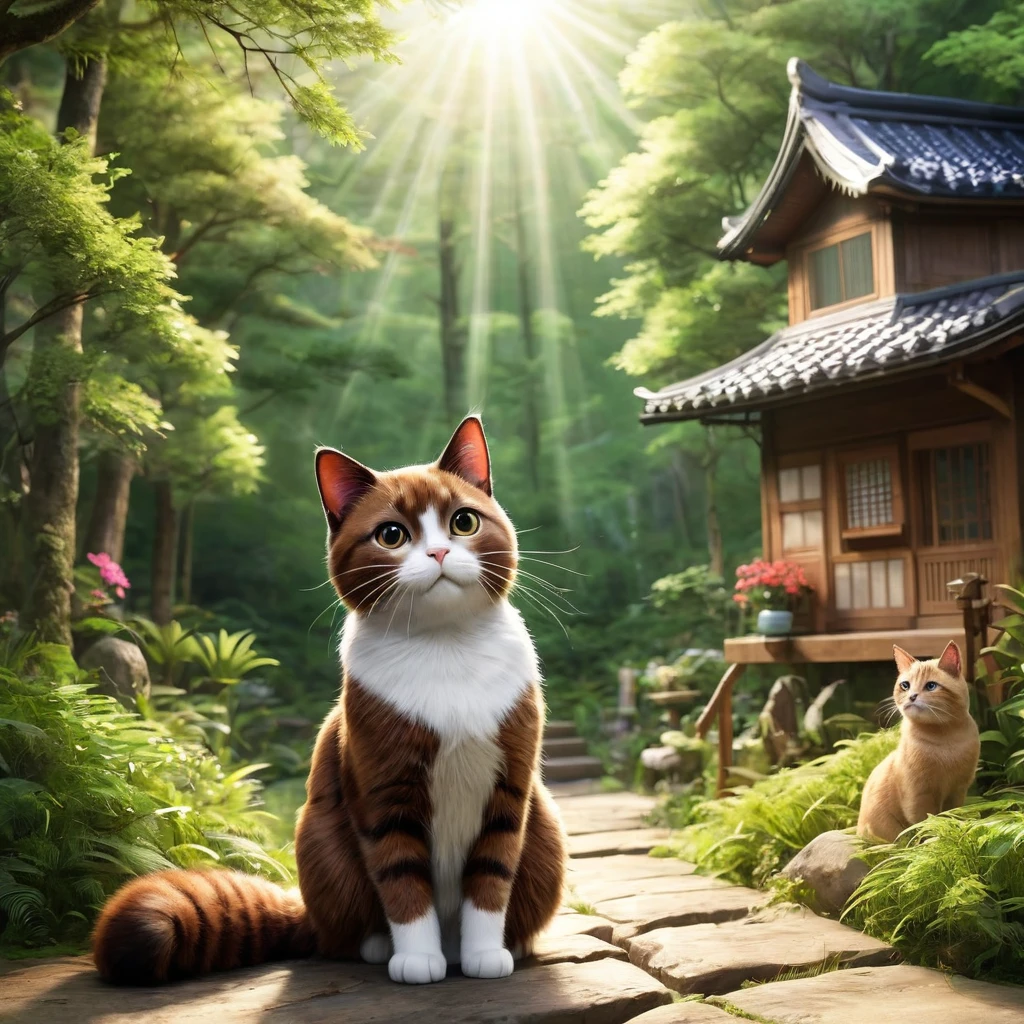 These scenes are depicted in a highly realistic style.、Make sure the cat's facial expressions and movements are exaggerated like a human's。
The main character is a brown cat with cute chubby eyes. The main character is one who never changes. Mimi, the brown cat, gazes out at the large forest that spreads out beyond the village.。Her eyes sparkle、Appearance of having a strong desire。A mysterious light shines into the entrance to the forest.、Attract Mimi's heart。