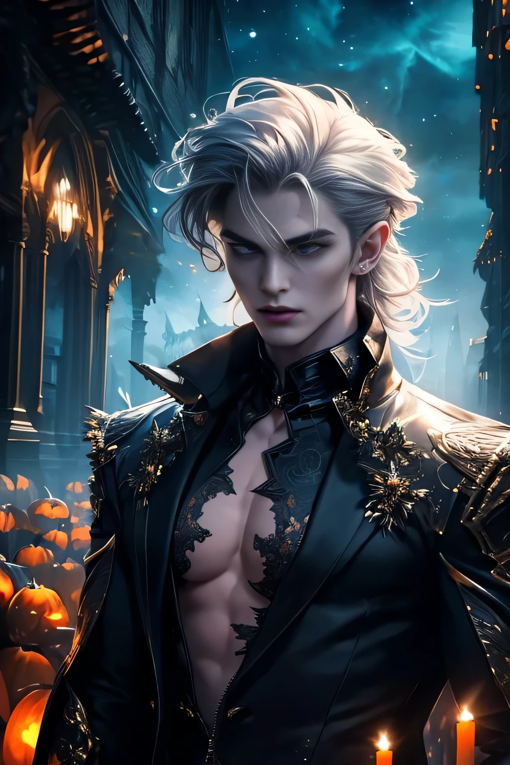 ((Best quality)), ((masterpiece)), 8k (detailed), ((perfect face)) ((halfbody)), perfect proporcions, perfect proporcions, he is a handsome man, he is 18 years old, ghost boy, halloween style, silver hair, wild hair on his head, bare chest, pointed ears, night sky (perfect face)) ((vampire ambience)) halloween ambience, halloween, ice hair, ghost aura