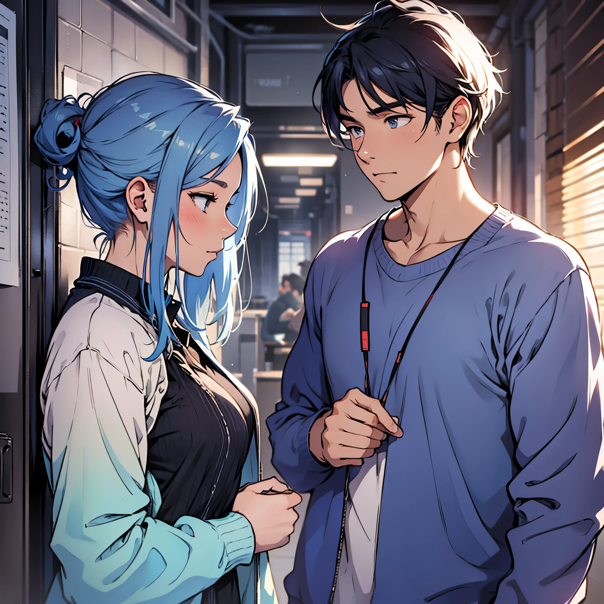 Imagine an MBTI advocate、A man and a woman, both wearing blue clothes, blushing and shy.。In a gentle atmosphere。