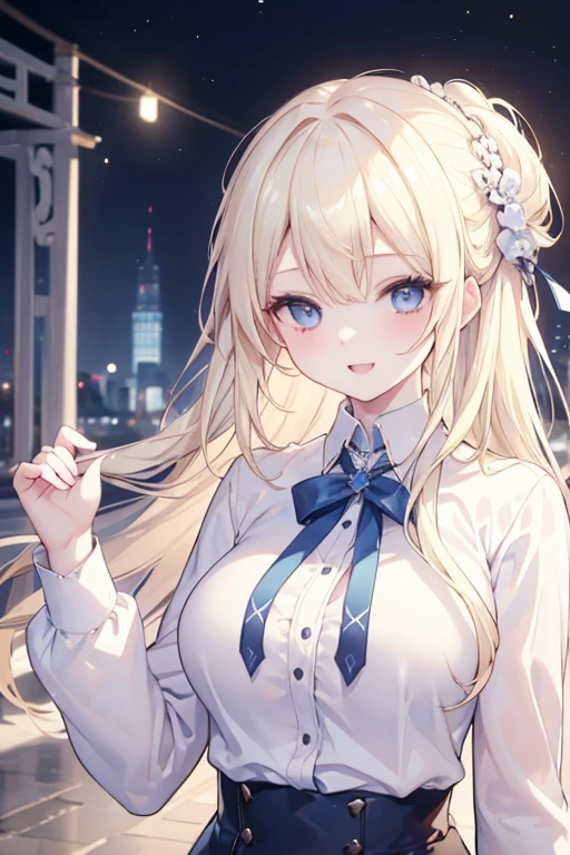 (masterpiece, best quality),  intricate details, 
1girl, blonde hair, blue eyes,  light blonde hair, white hair tips, 
Big breasts, smiling, opened mouth, wear white shirt, long Sleeve shirt,  blue checkered shirt, Park background