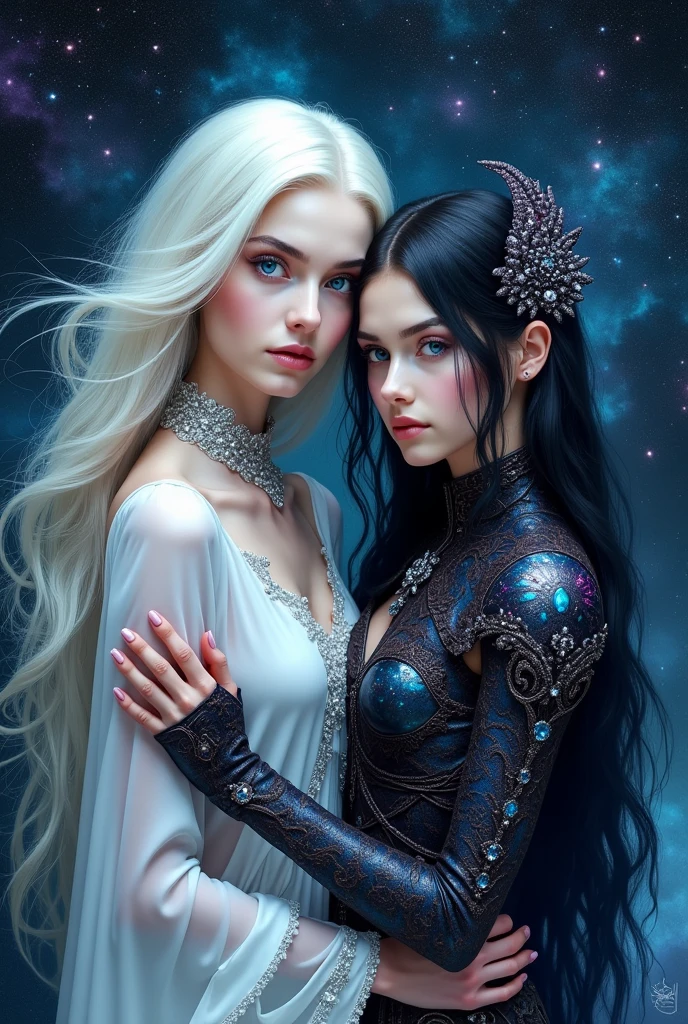 A book cover with a dramatic background in shades of black, blue and purple with various galaxies diffused in a nebula giving an air of mystery. In the front of the background is a white woman, incredibly pale, with white hair and blue eyes. She is wearing a delicate white dress with blue diamonds. She is resting her hands on her daughter's shoulders., also a woman, pale with blue eyes, but with black hair and wearing a celestial black-purple armor that looks forward with a somber and determined gaze..